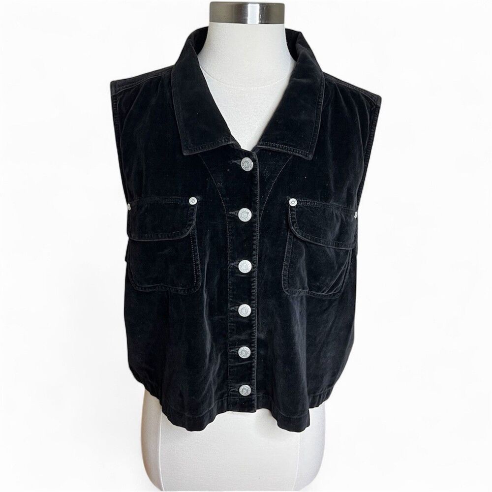 Vintage Velenzia Black Velour Vest Womens 14 Semi Cropped Button Front Retro